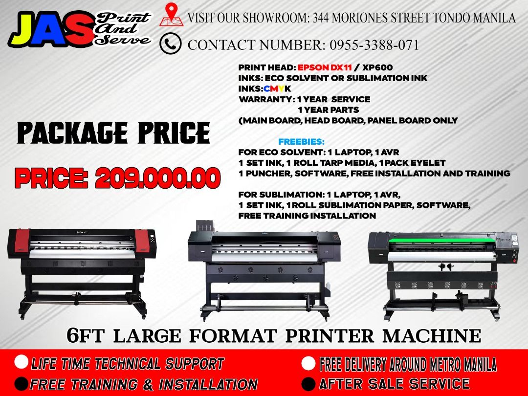 PRINTER MACHINE LARGE FORMAT FOR TARPAULIN PRINTING AND SUBLIMATION PRINTING (Category: Printers, Scanners & Copiers) located in Manila. Submitted by melvinflor41363 (Listing ID 1437451894, Image 1). Description: SUPPLIER HERE! WE ARE LEGIT SUPPLIER OF LARGE FORMAT PRINTER MACHINE Price Starts @ Php159,000 We are legit supplier of Brand New DX11, Dual Head DX11 & i3200 Tarpaulin Sublimation Printer Machine 6ft and 10ft, Brand New Laser Cutter and