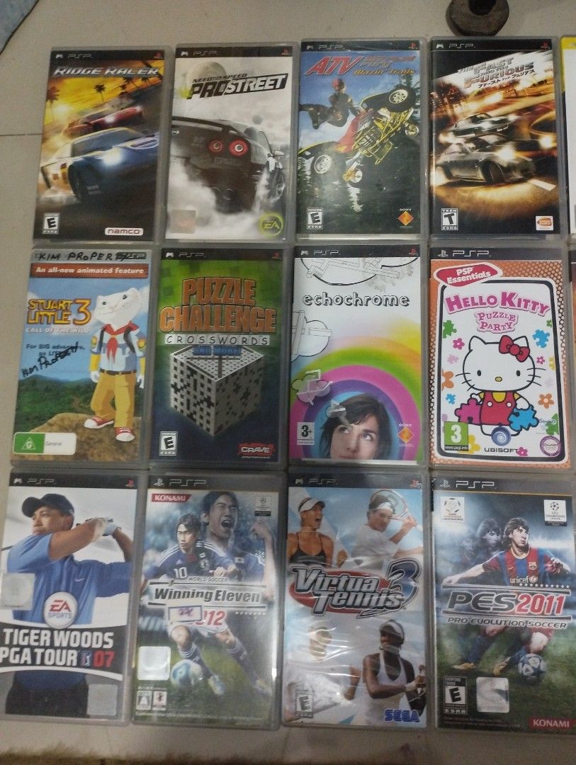 PSP Games - Various Titles (Category: PlayStation) located in Cavite. Submitted by gamebear27 (Listing ID 1437478426, Image 1). Description: 51 psp games in case 28 PSP with no case. 6 PSP Not in the pictures. Twisted metal Naruto 2 Ace combat x Harry Potter and the goblet of fire. Pink working need LCD replacement no battery and no battery cover. Blue not working White working eject button broken no battery cover. Black working no battery cover 