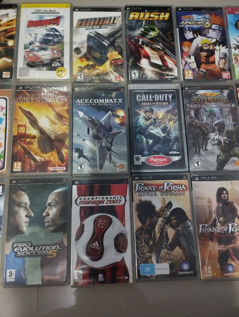 PSP Games - Various Titles (Category: PlayStation) located in Cavite. Submitted by gamebear27 (Listing ID 1437478426, Image 2). Description: 51 psp games in case 28 PSP with no case. 6 PSP Not in the pictures. Twisted metal Naruto 2 Ace combat x Harry Potter and the goblet of fire. Pink working need LCD replacement no battery and no battery cover. Blue not working White working eject button broken no battery cover. Black working no battery cover 