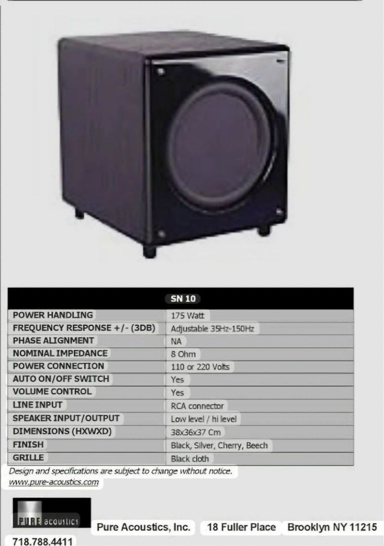 Pure acoustics sn10 or super nova 10 active sub woofer. (Category: Soundbars, Speakers & Amplifiers) located in Quezon City. Submitted by appleabanilla (Listing ID 1437414862, Image 1). Description: Pure Acoustic super nova 10, a 10 inch active sub woofer, 220 volts, very good condition, cosmetics is 9/10 , no issue. .