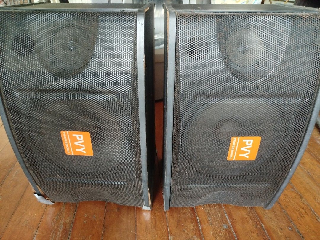 PVY Speakers + Konzert Amplifier + Karaoke Set (Category: Soundbars, Speakers & Amplifiers) located in Marikina City. Submitted by simoxtie (Listing ID 1437509320, Image 1). Description: Complete karaoke set including PVY speakers, a Konzert AV-5028 amplifier, and a Megapro karaoke system. The amplifier has multiple input and output ports, including tuner and aux. The speakers have a mesh grill. The karaoke set comes with a microphone. Perfect fo