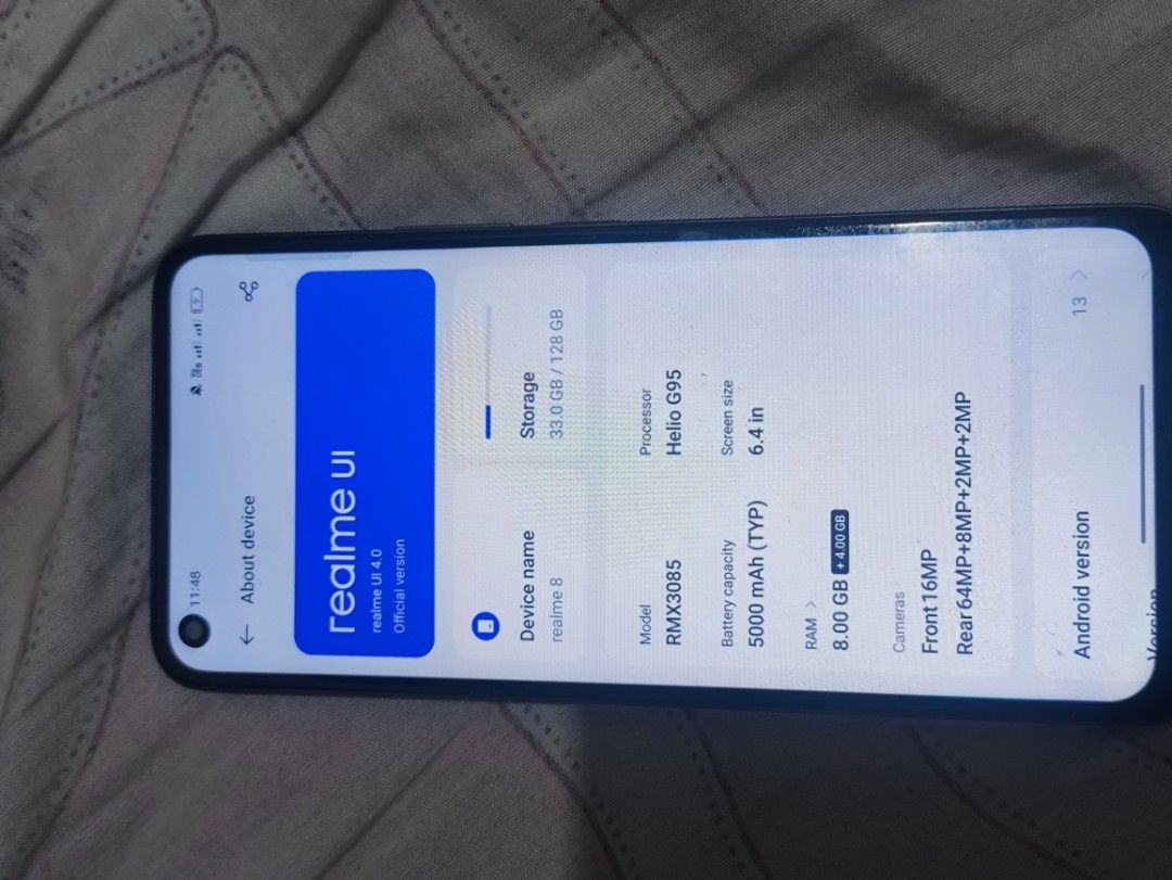 Selling my real me 8 (Category: Realme) located in Caloocan City. Submitted by raredolphin_107586 (Listing ID 1437429272, Image 3). Description: - Realme 8 for sale - Black color - Includes a protective case - 128GB storage - Meetup available at Pan de Manila, Dasmariñas City.