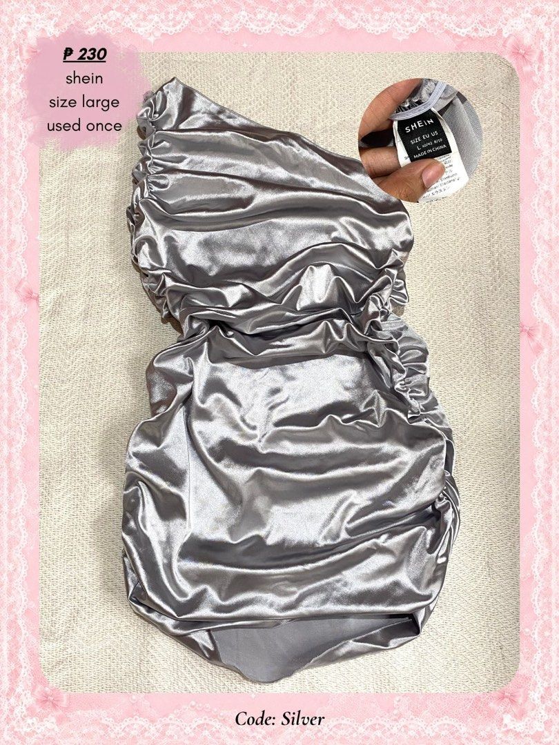 Shein Silver Ruched Dress - Size Large (Category: Dresses) located in Antipolo. Submitted by taehamour (Listing ID 1437507894, Image 1). Description: - Shein silver ruched dress - Size: Large - Design: Asymmetrical one-shoulder - Condition: Worn once - Material: Shiny, silky.