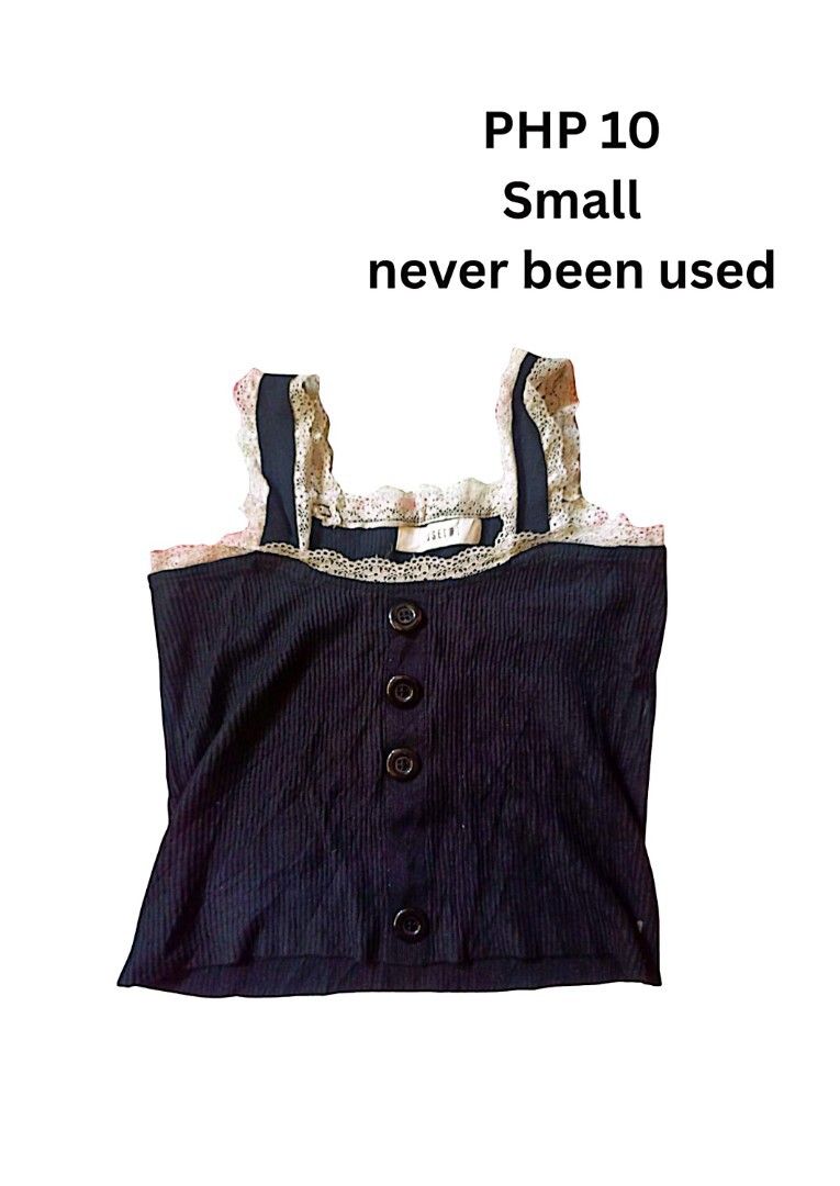 Small Black Top with Lace Detail (Category: Sleeveless) located in Manila. Submitted by rhiannejos12870 (Listing ID 1437421642, Image 1). Description: - Black top - Size: Small - Button details - Lace trim on straps - Never used.