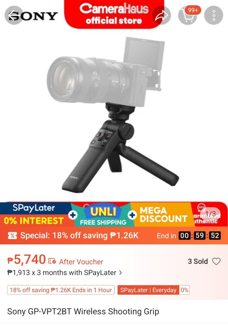 Sony Shooting Grip GP-VPT2BT (Category: Gimbals & Stabilizers ) located in Baguio. Submitted by acreoscamera (Listing ID 1437503034, Image 3). Description: Sony GP-VPT2BT (Wireless Remote) ✨️📸 Price: 3,990.00 No issues Actual Photo posted📸 No more last priced All buttons are functional Compatibility 📸 Vlog Cameras: ZV-E1, ZV-E10, ZV-1, ZV-1F. Full-Frame: α1, α9 II, α9 (with update), α7R V, α7R IV, α7R III, α7 IV, α7 III, α7S III, α7C, α7C II. 