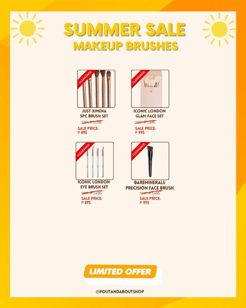 ☀️SUMMER SALE! Makeup Brushes (Category: Makeup) located in Quezon City. Submitted by poutandaboutshop (Listing ID 1437443639, Image 2). Description: ☀️ SUMMER SALE TERMS & CONDITIONS ☀️ 📌 SALE POLICY ▪️ Until supplies last ▪️ Prices may change without notice ▪️ First pay, first served ▪️ No reservations ▪️ Low ballers will be ignored 🚫 📌 PRODUCTS ▪️ 100% authentic from the US 🇺🇸 ▪️ Brand new & unused ▪️ Most items are FULL SIZE unless state