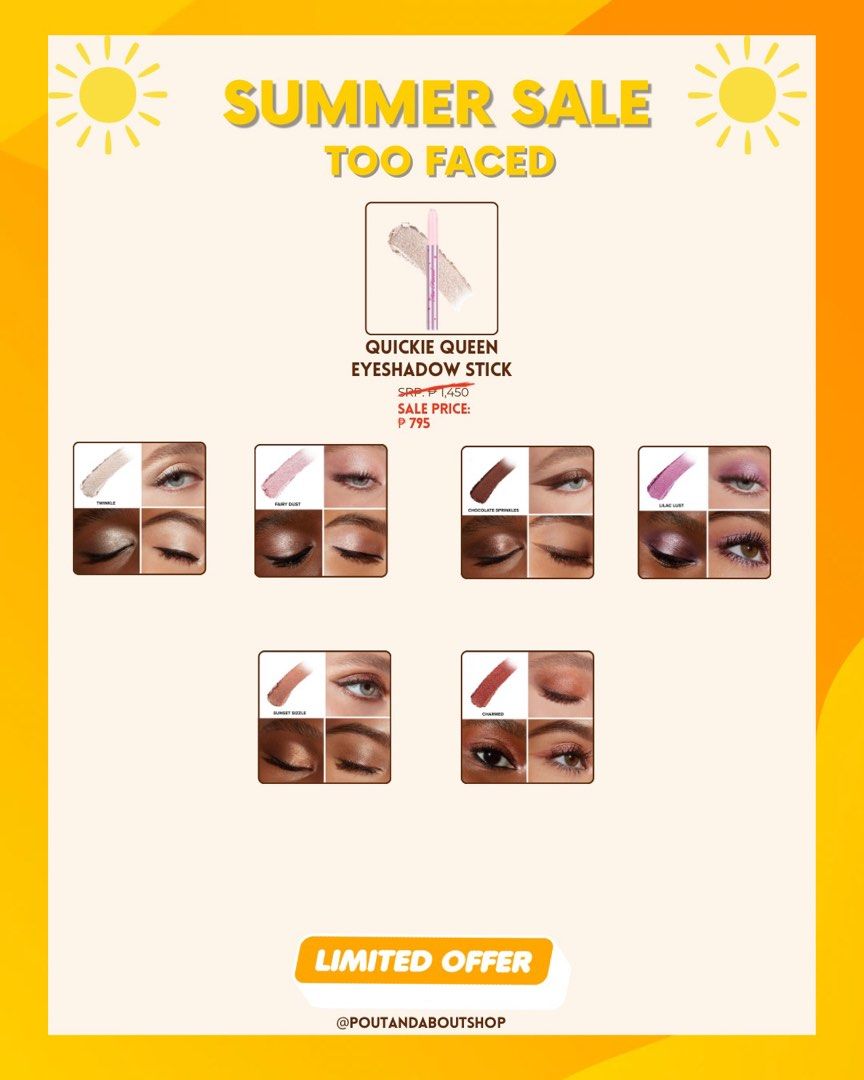 ☀️SUMMER SALE! Too Faced (Category: Makeup) located in Quezon City. Submitted by poutandaboutshop (Listing ID 1437580044, Image 2). Description: ☀️ SUMMER SALE TERMS & CONDITIONS ☀️ 📌 SALE POLICY ▪️ Until supplies last ▪️ Prices may change without notice ▪️ First pay, first served ▪️ No reservations ▪️ Low ballers will be ignored 🚫 📌 PRODUCTS ▪️ 100% authentic from the US 🇺🇸 ▪️ Brand new & unused ▪️ Most items are FULL SIZE unless stated oth