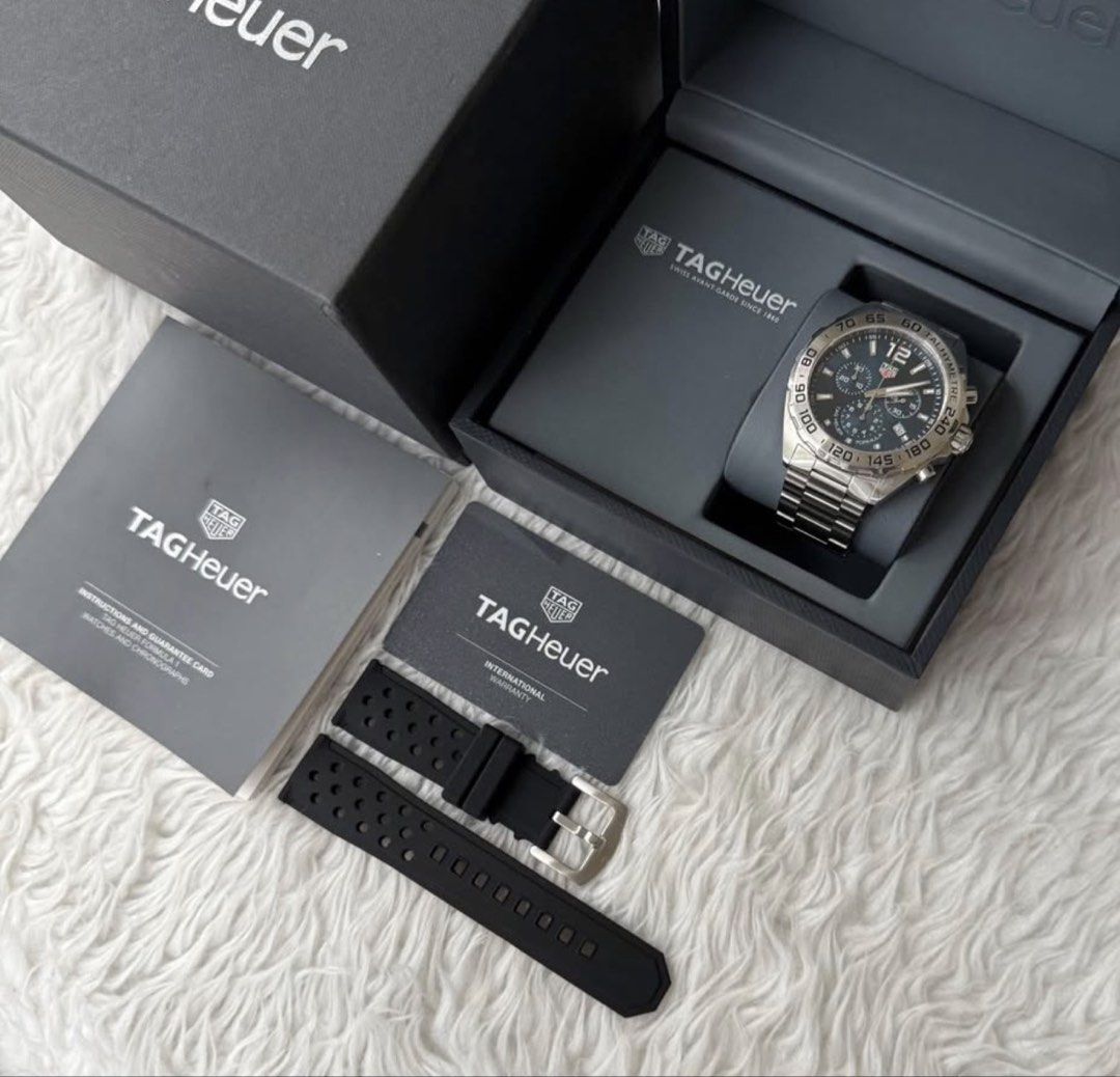 Tag heuer F1 Chronograph (Category: Luxury Watches) located in Quezon City. Submitted by pedro_demain (Listing ID 1437500427, Image 2). Description: Tag heuer f1 chronograph Caz101k model 43mm quartz With box,manual ,card & extra link Extra rubber strap 9/10 condition Qc & Bgc area.