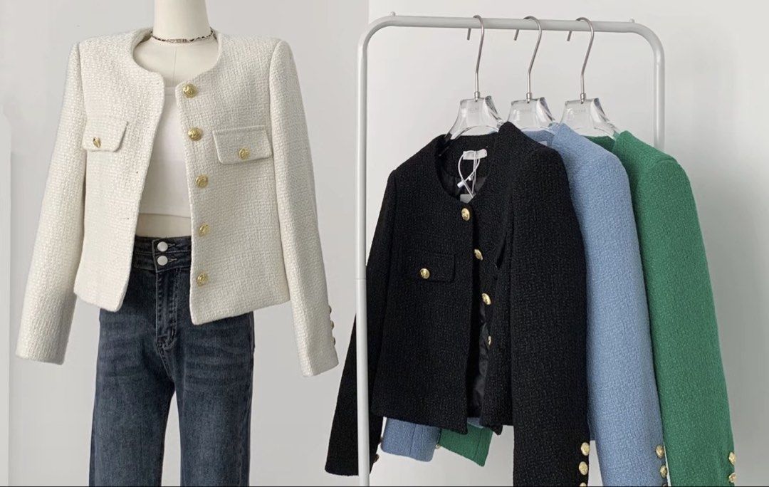 Tweed Jacket with Gold Buttons (Category: Coats, Jackets and Outerwear) located in Pasay City. Submitted by trshmrsgn (Listing ID 1437484911, Image 1). Description: - Tweed jacket - Round neckline - Gold button details - Two front pockets - Long sleeves - Versatile style .