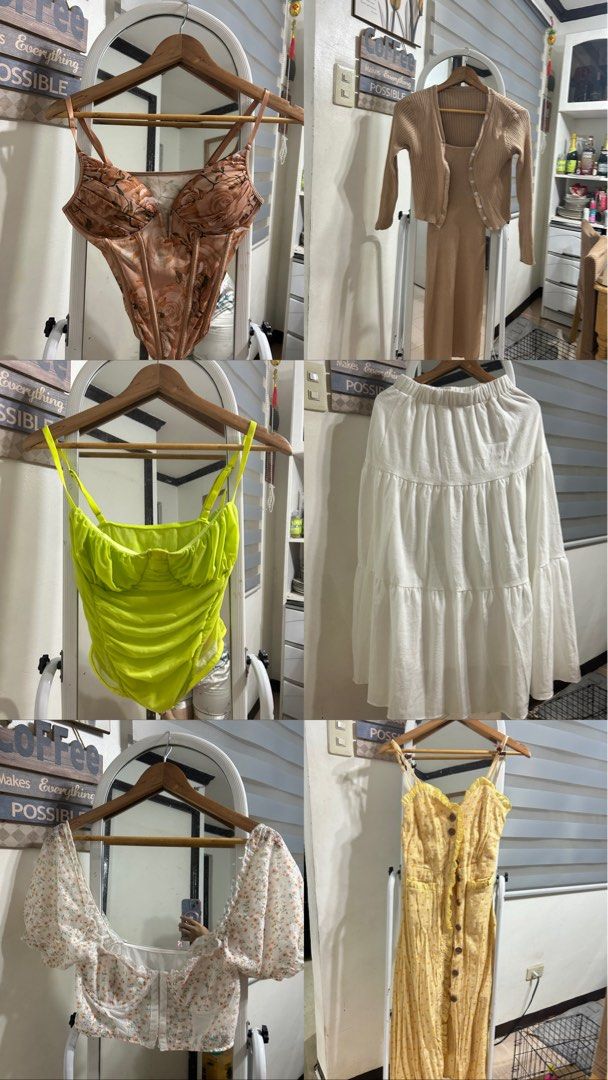Various Dresses and Tops - Assorted Styles (Category: Blouses) located in Manila. Submitted by micabalud (Listing ID 1437578816, Image 2). Description: Collection of dresses and tops in various styles and colors. Includes a beige dress with a matching cardigan, a red corset top, and a yellow floral dress. Also features a green corset top, a white skirt, and a floral crop top. Prices are indicated in the images..