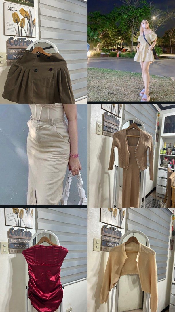 Various Dresses and Tops - Assorted Styles (Category: Blouses) located in Manila. Submitted by micabalud (Listing ID 1437578816, Image 1). Description: Collection of dresses and tops in various styles and colors. Includes a beige dress with a matching cardigan, a red corset top, and a yellow floral dress. Also features a green corset top, a white skirt, and a floral crop top. Prices are indicated in the images..