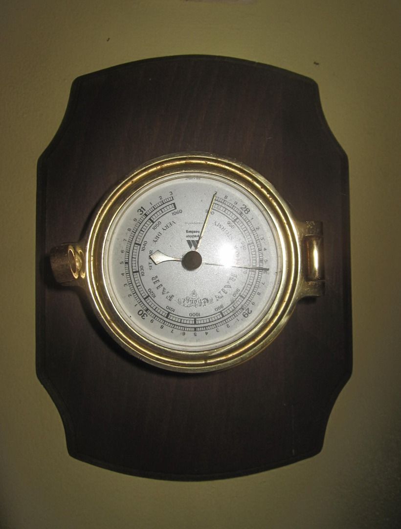 Vintage Precision Hamburg Barometer Germany 1960's (Category: Vintage Collectibles) located in Baguio. Submitted by mrbrunno (Listing ID 1437511240, Image 1). Description: Mounted on wood for hanging or can be removed from wood for desktop use. In Very Good condition.. I purchased this in Idaho in the 90's Working but will need to be recalibrated. in last picture you can see the 2 holes for calibrating & attached is a youtube clip with simple ins