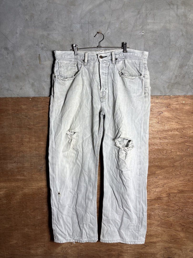 Vintage Volcom Tattered Pants (Category: Jeans) located in Aparri. Submitted by bry_thrifts (Listing ID 1437515217, Image 1). Description: Width: 35”-36” Length: 37.5” Thigh: 13” Leg Opening: 9.3” Color rate: 9/10 Condition: 9/10 Issue: Tattered, Dragged hem, and Stains.