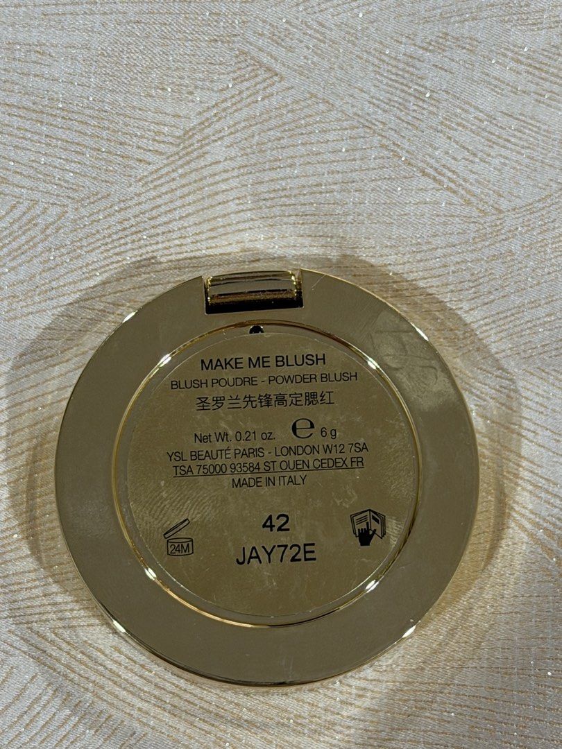 YSL Make Me Blush Powder Blush Shade 42 (Category: Makeup) located in Manila. Submitted by findsbyangel (Listing ID 1437515000, Image 3). Description: - YSL Make Me Blush in shade 42 - Pink powder blush - Gold-tone compact with mirror - Net weight: 6g.
