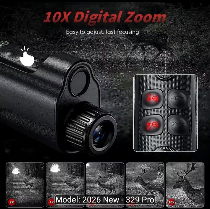 2026 New - 329 Pro Night Vision Scope (Category: Hiking & Camping) located in Manila. Submitted by zollern (Listing ID 1437755123, Image 1). Description: - 10x Digital Zoom - Easy Focusing - 2.0" HD Display - 800M Observation Range (Darkness) - Supports up to 512GB Memory Card - 2000mAh Battery (3-hour use) - Records AVI Videos - Captures JPG Photos.