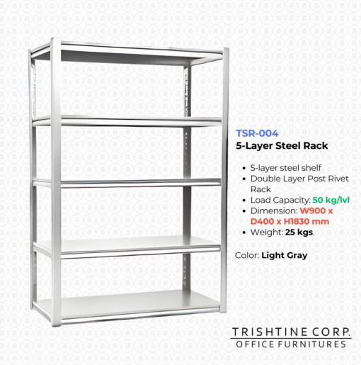 5-Layer Steel Rack TSR-004 (Category: Shelves, Cabinets & Racks) located in Caloocan City. Submitted by trishtine_jim9 (Listing ID 1437610104, Image 1). Description: 5-layer steel rack from Trishtine Corp. is perfect for organizing your office or home. It features a double-layer post rivet design and can hold up to 50 kg per level. The rack has dimensions of W900 x D400 x H1830 mm and weighs 25 kgs. The color is light gray. DISCLAIMER: Price is f