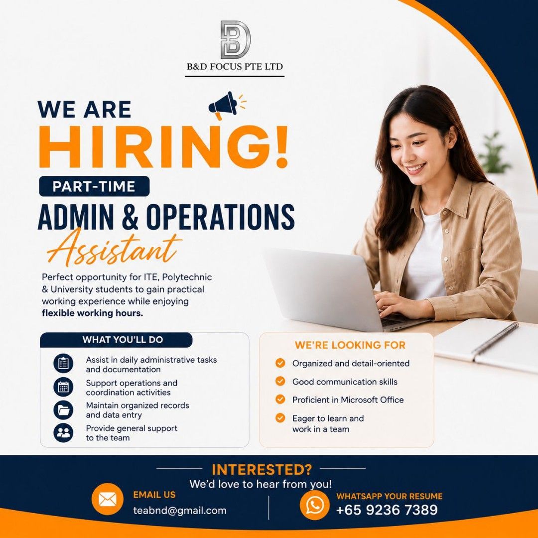 Admin & Operation (Category: Admin & Finance) located in Singapore. Submitted by fleetfocus (Listing ID 1437643762, Image 1). Description: We are hiring! We are looking for a part-time Admin & Operations Assistant to join our team! This role is ideal for ITE, university, or polytechnic students who want to gain practical experience. office based.