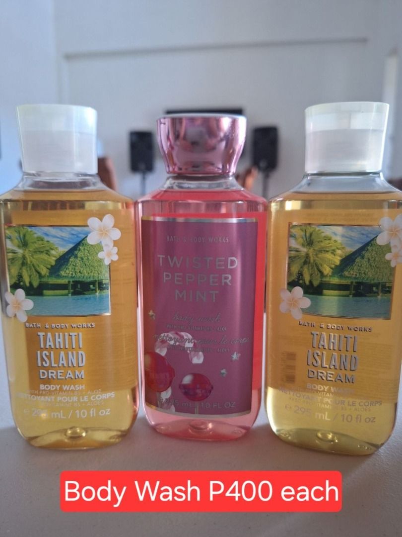 Bath & Body Works Body Wash (Category: Bath) located in Las Pinas. Submitted by excess2go (Listing ID 1437626510, Image 1). Description: Bath & Body Works body wash in three different scents. Available scents are Tahiti Island Dream and Twisted Pepper Mint. Each bottle contains 295 mL / 10 fl oz. Price is P400 each..