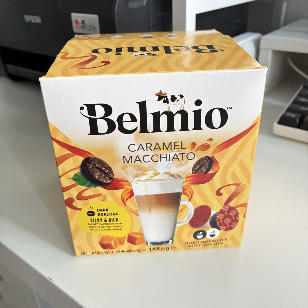 Belmio Caramel Macchiato Coffee Pods (Category: Beverages) located in Paranaque City. Submitted by naaaash (Listing ID 1437668472, Image 1). Description: - Belmio Caramel Macchiato coffee capsules. - Compatible with Nescafé Dolce Gusto machines. - Features a delicious caramel flavor. - Made with dark roasting.