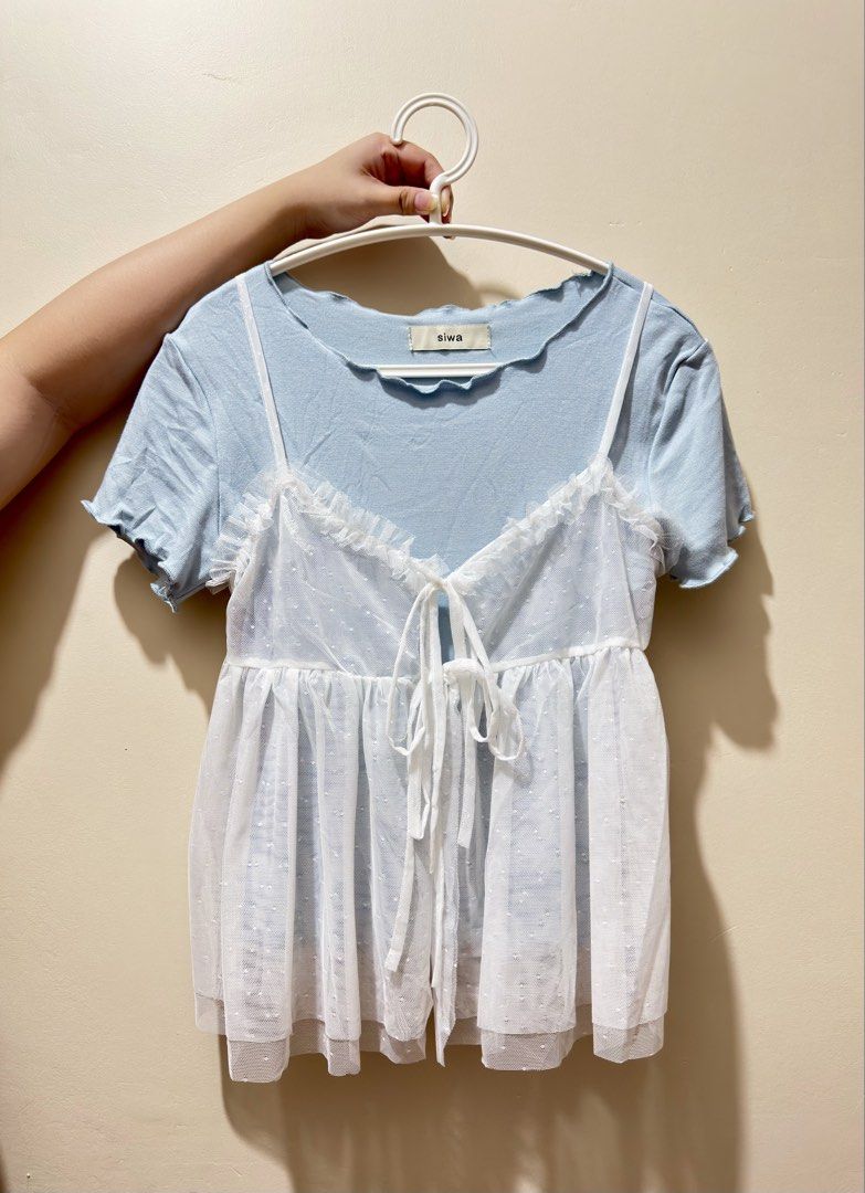 BKK Top 2-in-1 Sheer Cami Layer Top (Category: Blouses) located in San Mateo. Submitted by ktrnugh (Listing ID 1437586625, Image 1). Description: brand new from Bangkok, Thailand PH on hand UPDATE: Blue (available), Yellow (sold) - Brand new - Freesize S-Semi L (teen-adult) - Layered design: inner tee with sheer mesh cami overlay - Detachable cami overlay / adjustable straps - Inner tee is stretchable and fits up to 40" bust - Overlay detail: Tie