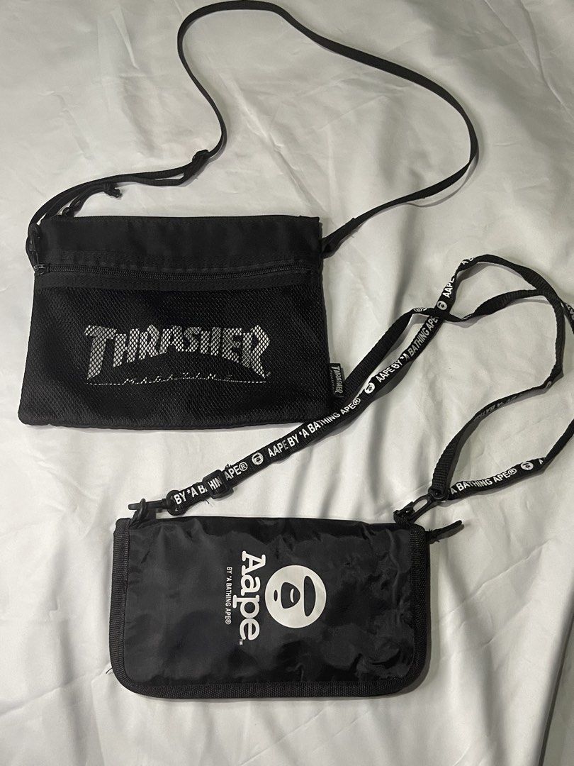 Buy 1 Take 1 AAPE & Thrasher Sling (Category: Sling Bags) located in Santa Cruz. Submitted by hongkongmarketph (Listing ID 1437693728, Image 1). Description: AAPE utility sling bag w/ free Thrasher sling 🖤 Good condition, clean inside and out. 1200 only PM for details 📩.