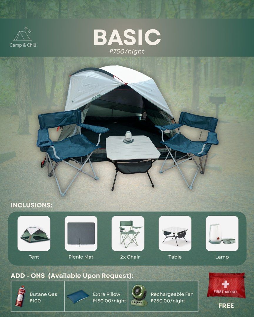 Camping Gear & Tent for Rent! (Category: Hiking & Camping) located in Las Pinas. Submitted by _mgzm (Listing ID 1437643215, Image 1). Description: ✅ Beginner friendly setup ✅ Clean and quality equipment ✅ FREE First Aid Kit included Standard tents are good for 2 to 3 pax Upgraded tent is good for 3 to 4 pax Available for pick-up 📍 Pamplona 3, Las Piñas City Pick up time: 9:00 AM Return time: 5:00 PM the next day Packages start at ₱750/night.