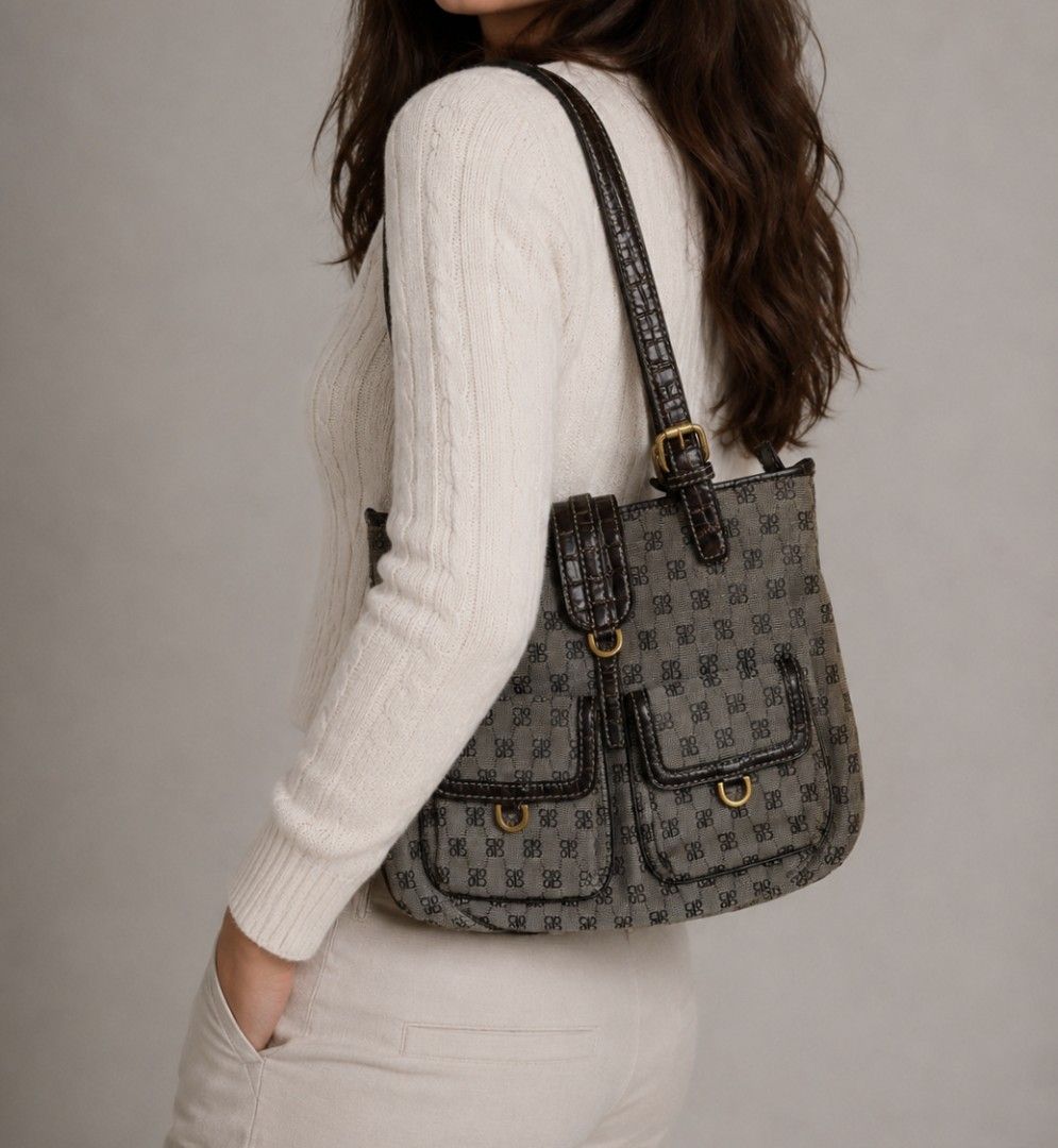 Cobo Internationale Croco Embossed & Canvas Tote (Category: Tote Bags) located in Baguio. Submitted by PreiLoveMaria (Listing ID 1437732774, Image 1). Description: Cobo Internationale Croco Embossed & Canvas Tote ​A rare find that features a monogram-patterned jacquard canvas body accented by elegant croc-embossed dark leather handles and trim. It is designed with two functional front utility pockets with leather flaps for easy access. Good used 
