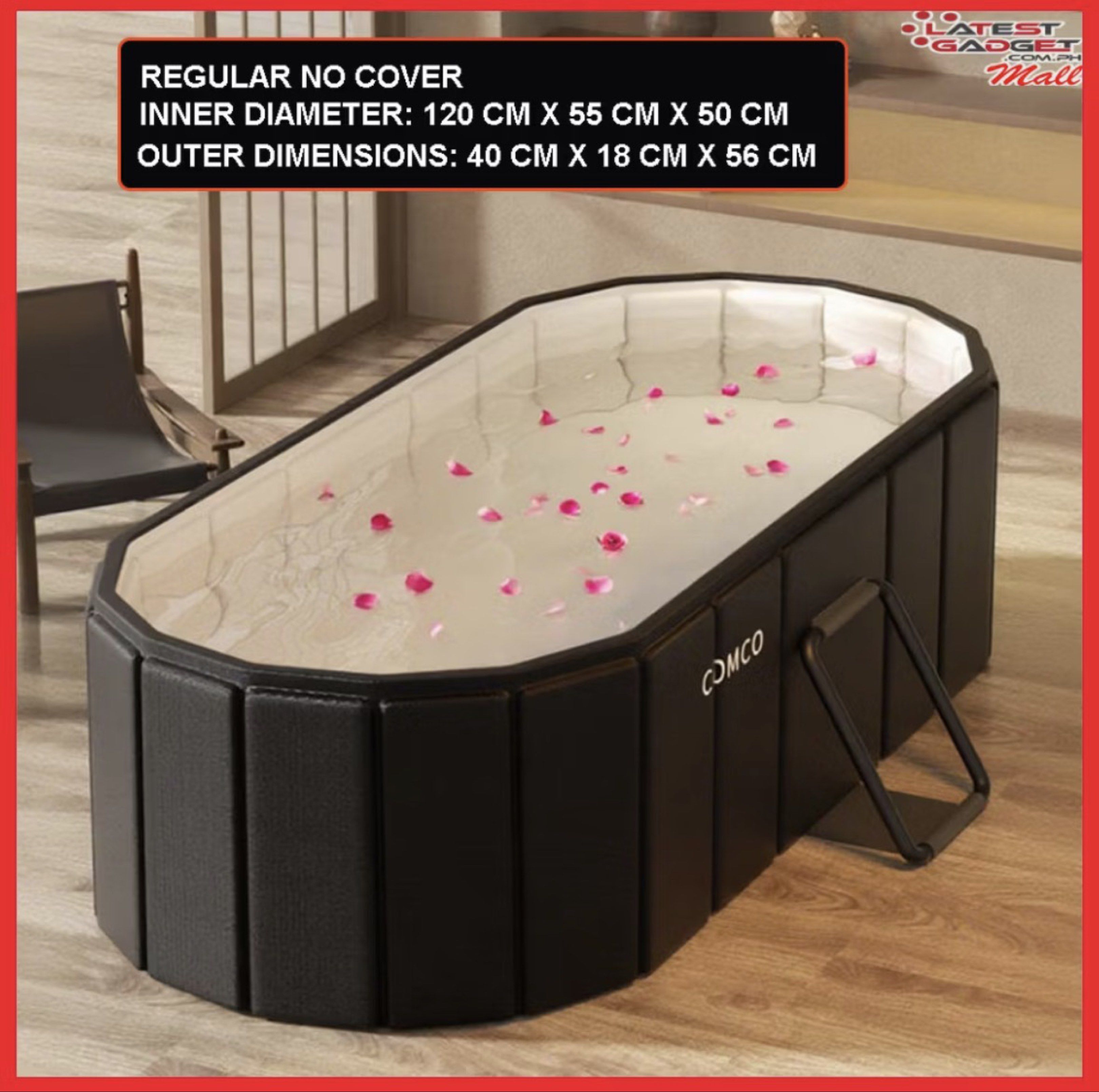 COMCO Portable Folding Bathtub (Category: Bathtub & Bath Accessories) located in Manila. Submitted by pephaus (Listing ID 1437730878, Image 2). Description: - COMCO Portable Folding Bathtub - Color: Black - Easy to carry with handle - Perfect for indoor and outdoor use - Inner Dimensions: 120cm x 55cm x 50cm - Outer Dimensions: 40cm x 18cm x 56cm - Enjoy a comfortable bathing experience!.