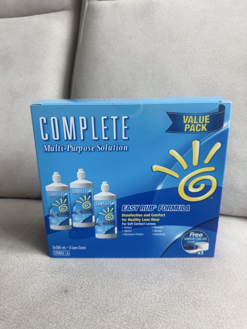 Complete Multi-Purpose Solution Value Pack (Category: Vision Care) located in Singapore. Submitted by leemeiling (Listing ID 1437625683, Image 1). Description: Brand new 3 bottles in box Expiry 2028 Self collect 600276 .