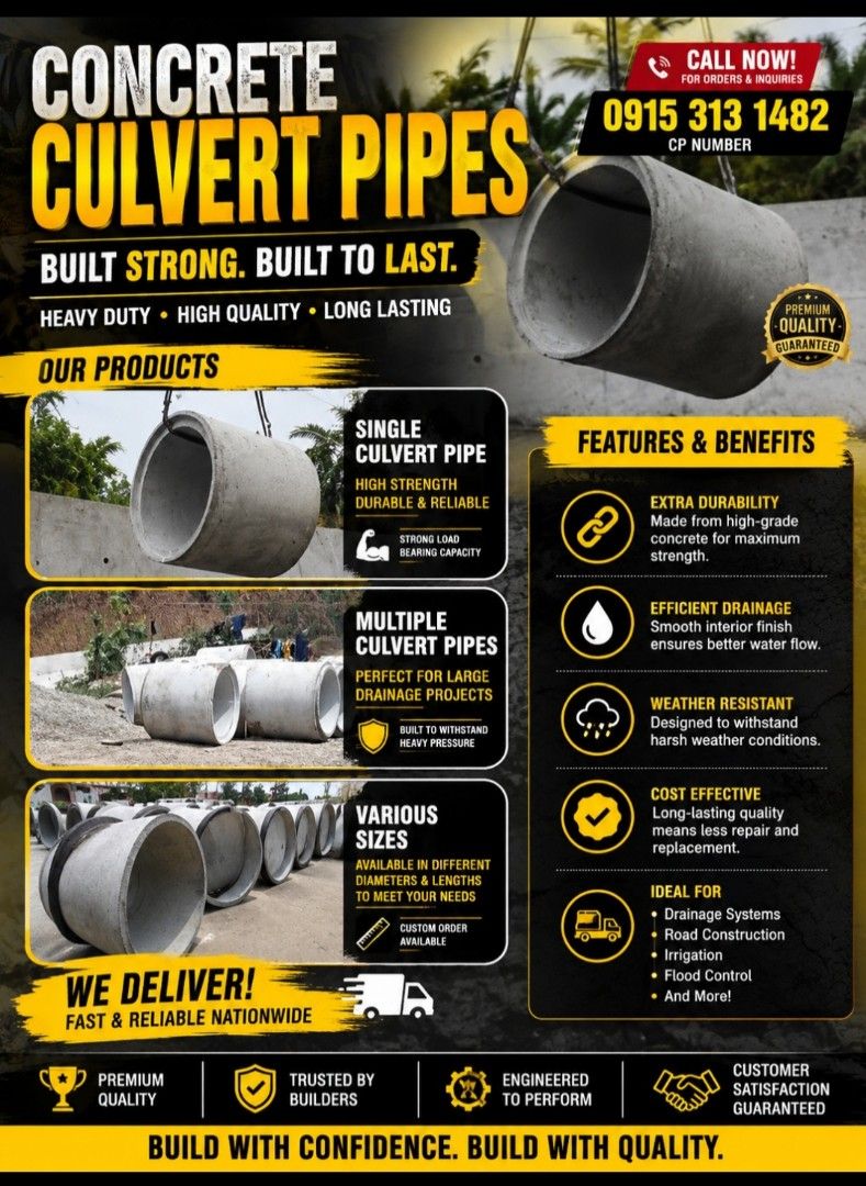 Concrete Culvert Pipes - Various Sizes (Category: Construction & Building Materials) located in Manila. Submitted by eztrabonan91146 (Listing ID 1437604411, Image 1). Description: Supplying top-grade materials for your next project: RCP Concrete Culvert Pipe Precast Concrete Pipe Cement Pipe Sewer Pipe Concrete Pressure Pipe DPWH standard compliant Trusted by top contractors across regions We offer Class 1 to IV RCP's from 300mm to 2,100mm --- wh