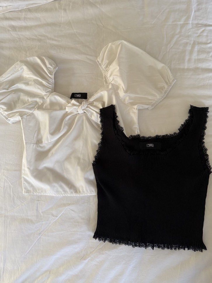 BUNDLE! Copper White Puff Sleeve Top & Black Tank Top (Category: Blouses) located in San Juan City. Submitted by eunicezcloset (Listing ID 1437663581, Image 1). Description: - Includes two tops from Copper. - White top: puff sleeves, bow detail. - Black top: ribbed tank, lace trim..