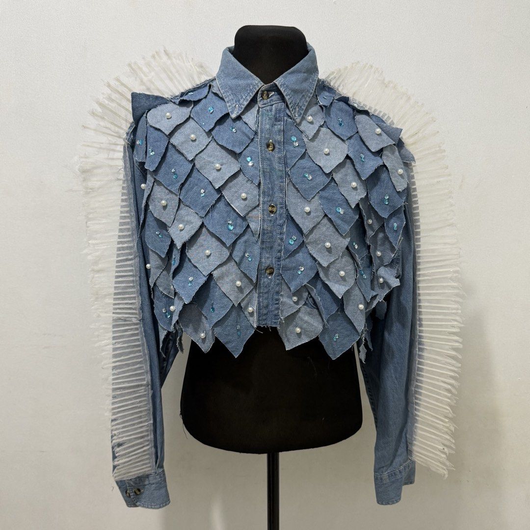 Denim Patchwork Costume set for Rent (Category: Sets & Coordinates) located in Makati City. Submitted by markypolz (Listing ID 1437733541, Image 2). Description: Denim Crop Top - Handmade using mixed denim pieces, giving it a raw, edgy, and unique patchwork design. Lightweight and perfect for styling in creative shoots or performances. Patchwork Denim Pants - Featuring layered denim strips with a wide-leg silhouette for that statement, high-fashi