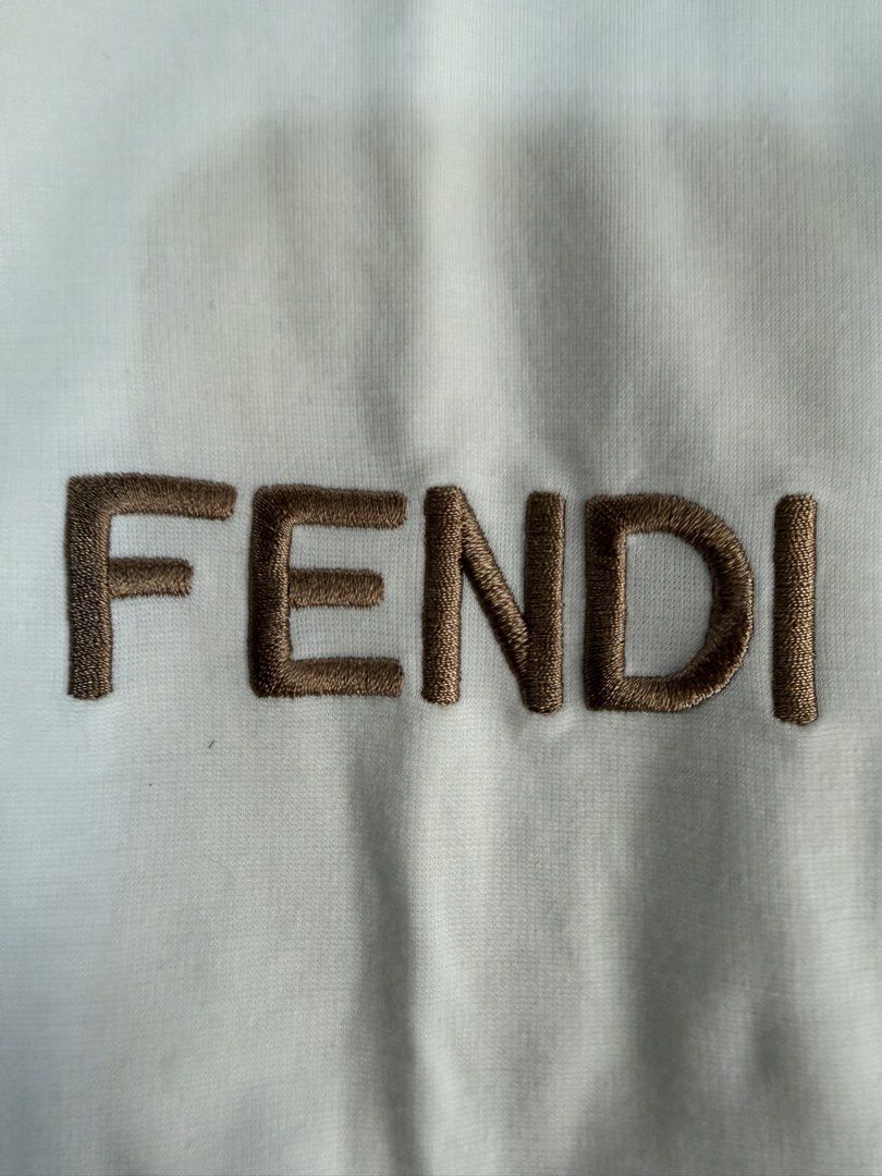 Fendi Polo Shirt (Category: Tshirts & Polo Shirts ) located in Pasig City. Submitted by mswise (Listing ID 1437665910, Image 2). Description: - Authentic Fendi polo shirt - Features embroidered Fendi logo - Classic polo collar with brown accents - Made in Italy - White shirt with brown collar and sleeve accents - Care label indicates made in China Chest size - 20inches laid flat.