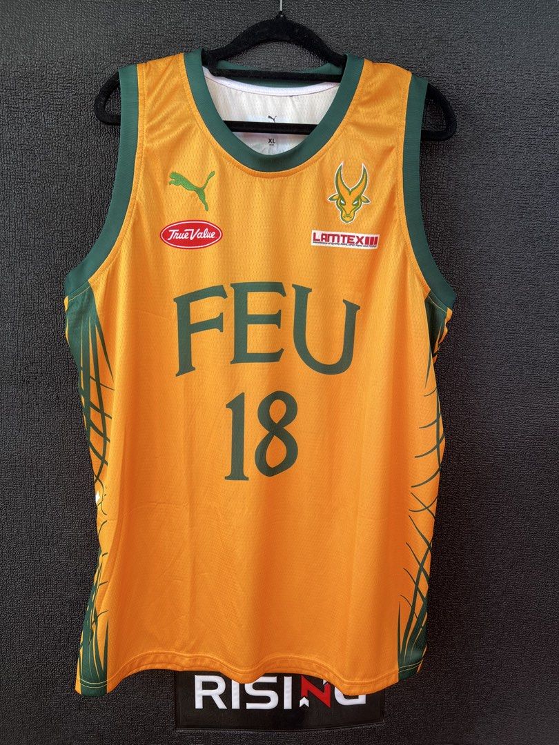 FEU Tamaraws Alforque #18 Jersey (Category: Activewear) located in Taytay. Submitted by cside1900 (Listing ID 1437678201, Image 1). Description: - Official FEU Tamaraws basketball jersey - Features "ALFORQUE" and "18" on the back - Front displays "FEU" and "18" - Includes Puma logo and "True Value" branding - Green accents - UAAP logo on the back - Size: XL.