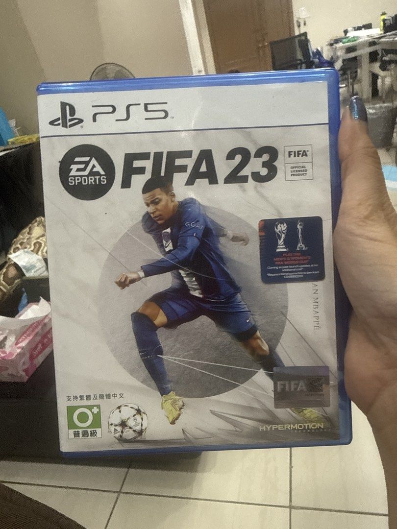 FIFA 23 - PS5 (Category: PlayStation) located in Makati City. Submitted by ps_techhouse (Listing ID 1437686333, Image 1). Description: - FIFA 23 for PlayStation 5 - Features Kylian Mbappé - Includes FIFA logo - HyperMotion technology - Supports Traditional and Simplified Chinese - Rated for General Audiences.