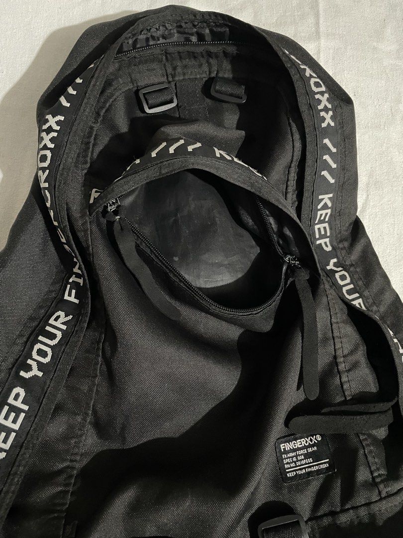 FINGERCROXX backpack with white logo branding tape (Category: Backpacks) located in Quezon City. Submitted by cgoodsupply (Listing ID 1437642262, Image 3). Description: FINGERCROXX backpack with white logo branding tape. no issue color rate 10/10 qc location.