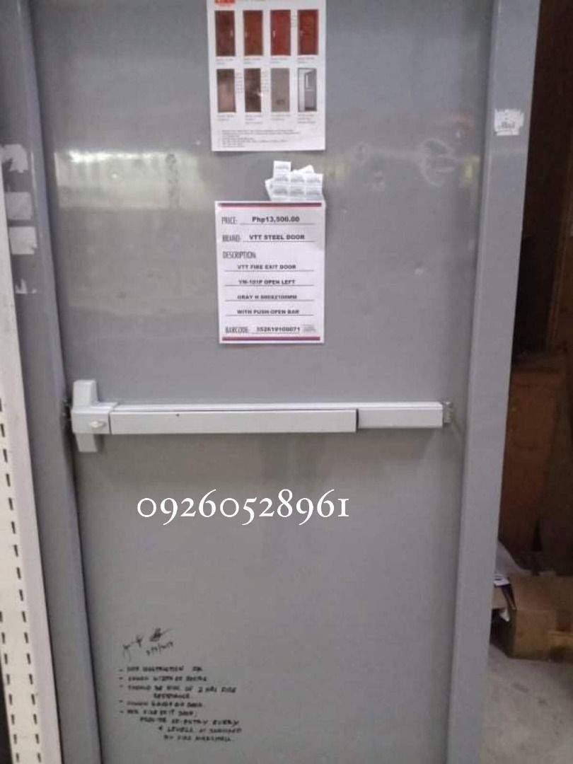 Fire Exit steel door (Category: Locks, Doors & Gates) located in Caloocan City. Submitted by vttsteeldoor-chelle (Listing ID 1437599188, Image 2). Description: FIRE EXIT DOORS IN STOCK – READY FOR DELIVERY! Looking for a trusted manufacturer? We supply high-quality fire-rated steel doors for commercial and industrial use. Available Sizes: 800mm x 2100mm 900mm x 2100mm 1000mmx2100mm Custom sizes available for double doors. Specs: Powder-coated fin