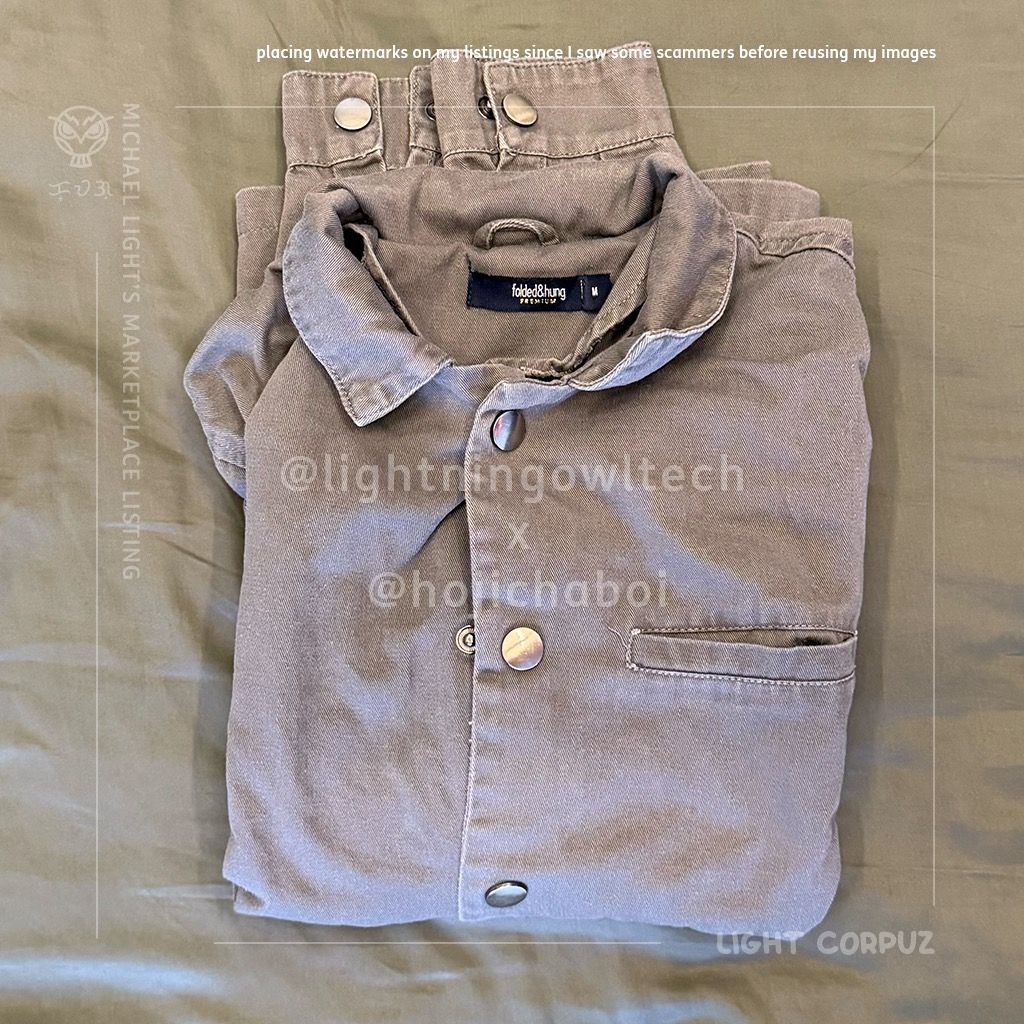 Folded & Hung Button-up Jacket - Gray (Category: Coats, Jackets and Outerwear) located in Makati City. Submitted by hojichaboi (Listing ID 1437740746, Image 3). Description: Folded & Hung Button-up Jacket - Gray Size: Men’s S Color: Gray Material: Body: 72% Cotton, 28% Polyester ( 28% Uses Recycled Polyester Fiber )/ Rib: 73% Polyester, 27% Cotton Condition: Used - Good Condition 💰 Price PHP 500 (I honestly forgot how much I bought this (1.5-2K)