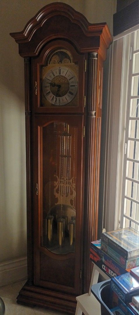Franz HERMLE Grandfather Clock (Category: Clocks) located in Mandaluyong City. Submitted by bestill4610 (Listing ID 1437744988, Image 1). Description: Vintage Franz Hermle Made in Germany German machanical movement With Moon Phase Dial 3 (brass) Chime Movement Good working condition, keeps good time Recent issue: Chime mechanism needs routine service already - clean, oil, adjust. I can do this for the buyer to save them the trouble, if they like,