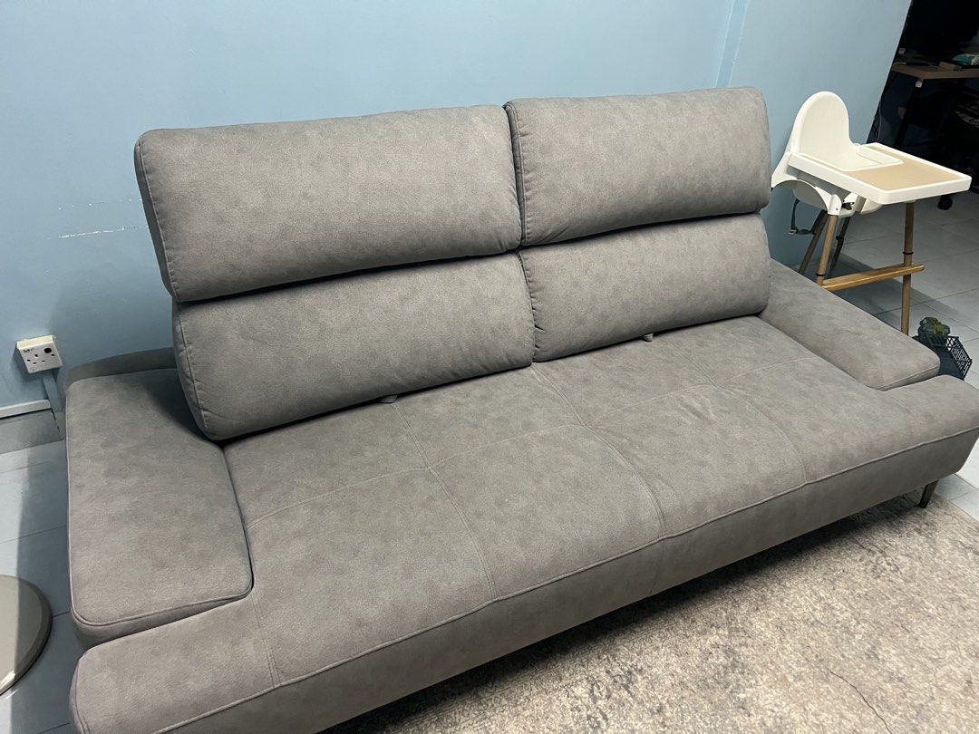 Grey Sofa Push Pull (Category: Sofas) located in Kuala Lumpur. Submitted by umarsyafiq (Listing ID 1437706872, Image 2). Description: - Modern grey sofa bed - Soft, textured fabric - Cushioned backrest and armrests (both adjustable) - Converts into a half bed - Includes two matching cushions - Ideal for living room or guest room RRP - RM 2500 Used for 1 & half year, perfect condition, bought at big furniture store Sg Besi (besides highway) Negoti