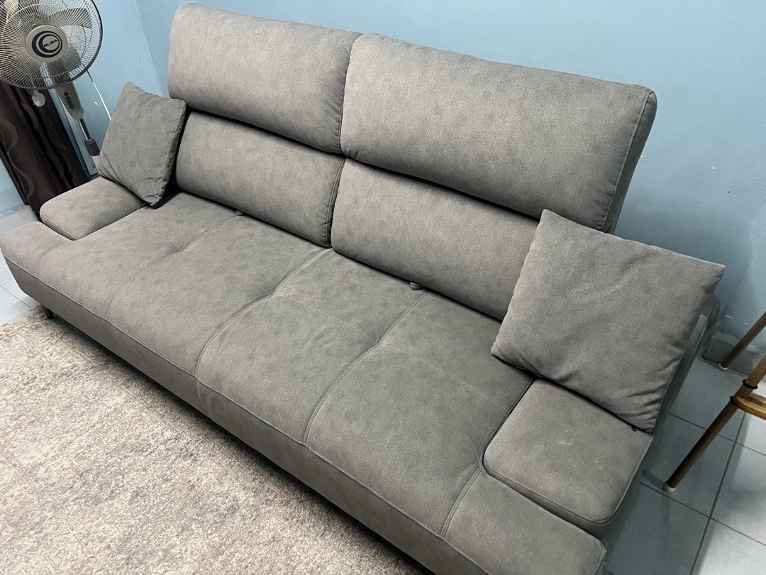 Grey Sofa Push Pull (Category: Sofas) located in Kuala Lumpur. Submitted by umarsyafiq (Listing ID 1437706872, Image 3). Description: - Modern grey sofa bed - Soft, textured fabric - Cushioned backrest and armrests (both adjustable) - Converts into a half bed - Includes two matching cushions - Ideal for living room or guest room RRP - RM 2500 Used for 1 & half year, perfect condition, bought at big furniture store Sg Besi (besides highway) Negoti