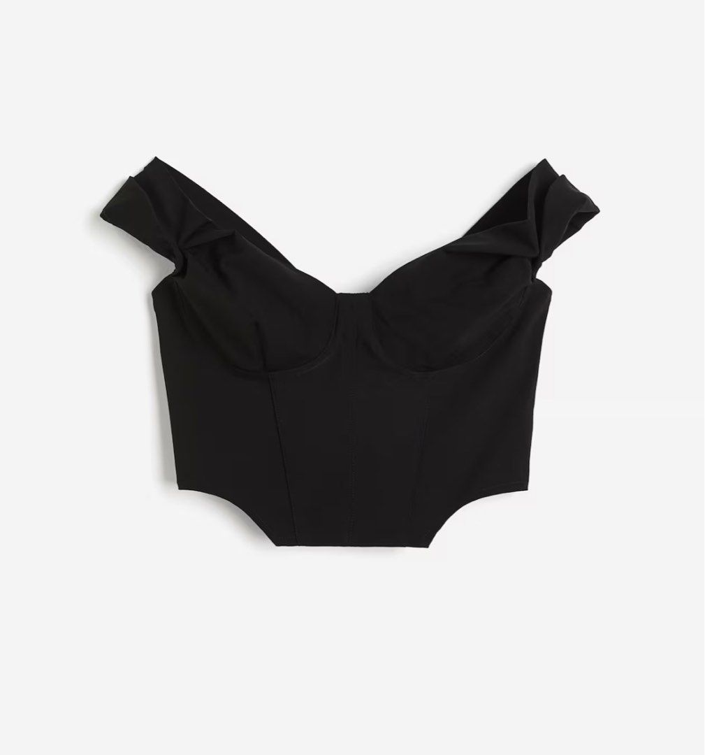 H&M Off Shoulder Black Corset Top (Category: Sleeveless) located in Taguig. Submitted by her.thrift (Listing ID 1437645758, Image 1). Description: 🫐 very flattering! 🫐 never worn but i can send ww pics from my cousin since we have the same one 🫐 bought for ₱999 .
