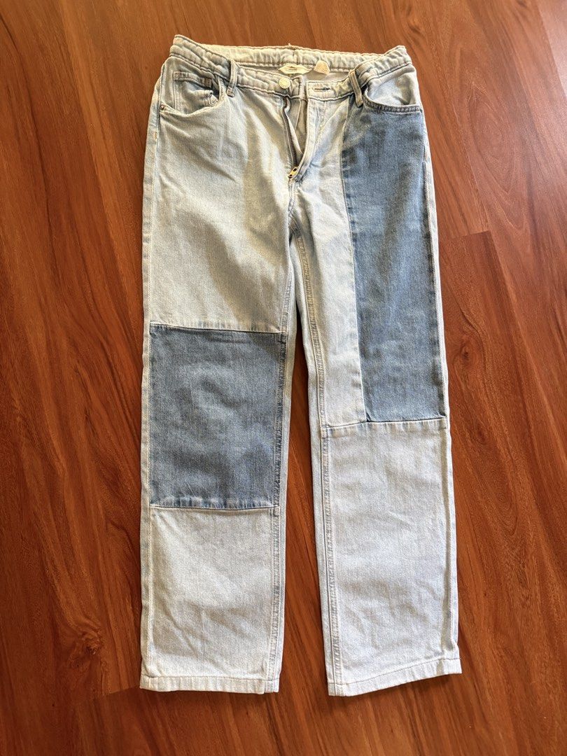 H&M Straight Adjustable Waist Jeans (Category: Jeans) located in Makati City. Submitted by larcie (Listing ID 1437612716, Image 1). Description: - H&M straight jeans - Adjustable waist - Unique patchwork design - Different shades of blue denim - Low waist - Button and zipper closure - Size: US 18, CA 18, CN 165/72, MX 14, AUS 14, UK 13-14A Can fit Small size women or 13-14Y.