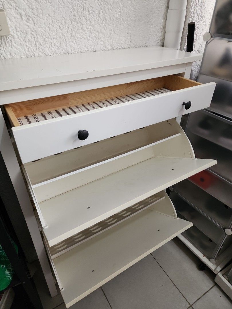 IKEA HEMNES Shoe Cabinet (Category: Shelves, Cabinets & Racks) located in Makati City. Submitted by tongpatsu (Listing ID 1437615854, Image 3). Description: Selling my pre-loved IKEA HEMNES shoe cabinet in white. - Original IKEA HEMNES - White finish - Slim design, great for small spaces - Multiple compartments for shoe storage - Can also be used for organizing small items - Sturdy and functional - Designed with front feet only and should be secu