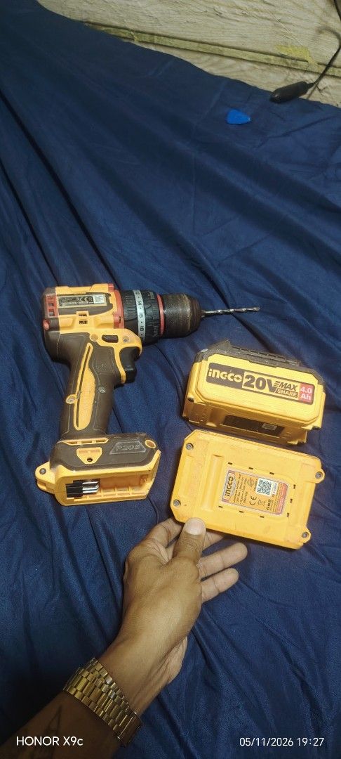 Ingco 20V Brushless Cordless Drill (Category: Construction Tools & Equipment) located in Manila. Submitted by jeffrey_0616 (Listing ID 1437729480, Image 3). Description: - Ingco 20V Brushless Cordless Drill - Includes two batteries: - 4.0Ah - 2.0Ah - Variable speed settings - Color: Yellow and Black Meet up or ship .