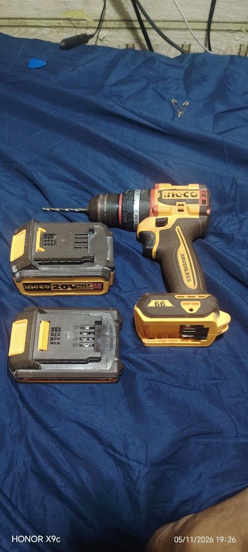 Ingco 20V Brushless Cordless Drill (Category: Construction Tools & Equipment) located in Manila. Submitted by jeffrey_0616 (Listing ID 1437729480, Image 2). Description: - Ingco 20V Brushless Cordless Drill - Includes two batteries: - 4.0Ah - 2.0Ah - Variable speed settings - Color: Yellow and Black Meet up or ship .