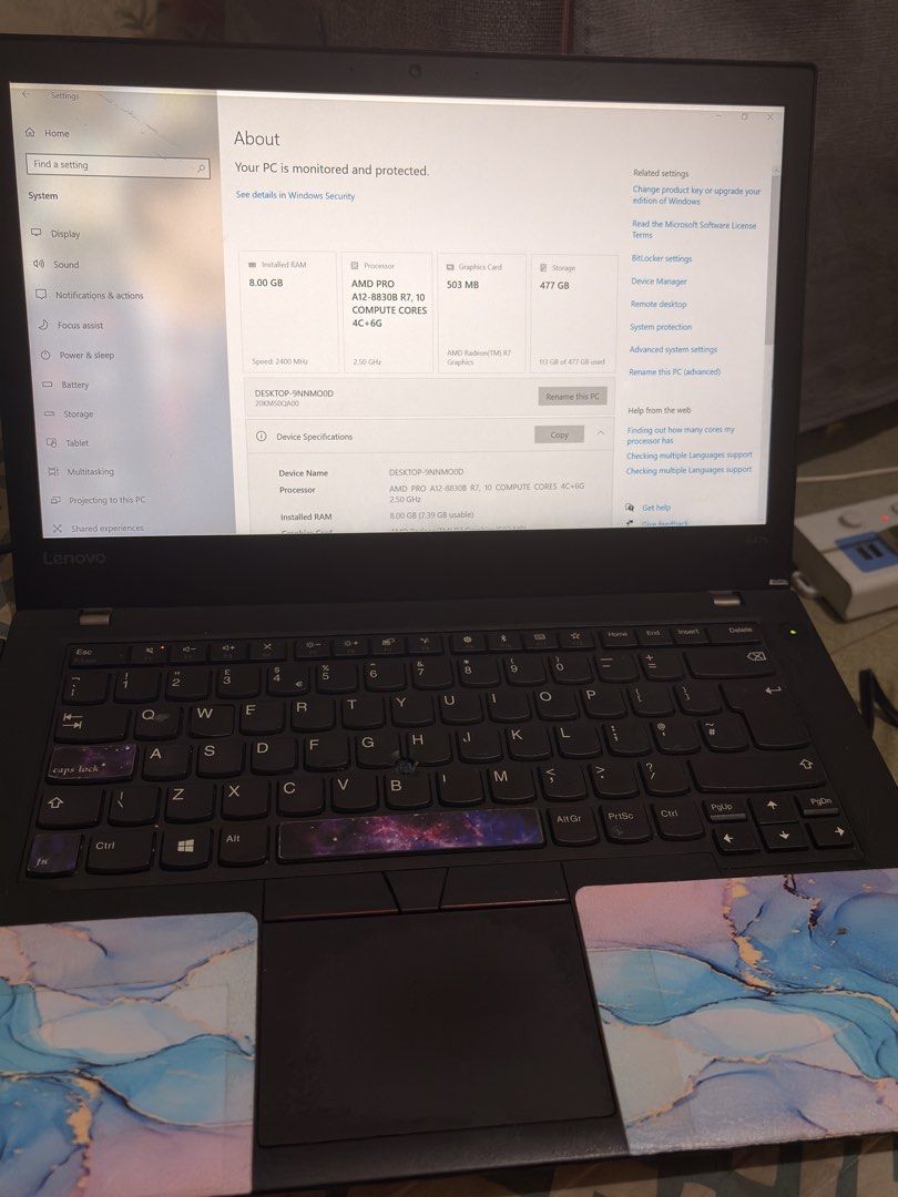 Lenovo Laptop with AMD Ryzen Processor (Category: Laptops & Notebooks) located in Antipolo. Submitted by brndedstuff (Listing ID 1437636762, Image 1). Description: - Lenovo laptop - AMD PRO A12-8830B R7 processor - 8GB RAM - 477GB SSD - AMD Radeon R7 Graphics - 64-bit operating system - Stickers on the back -good for gaming, work, and academics -can play roblox and valorant -smooth -with original charger Issue: •slight scratches •Need to replace 