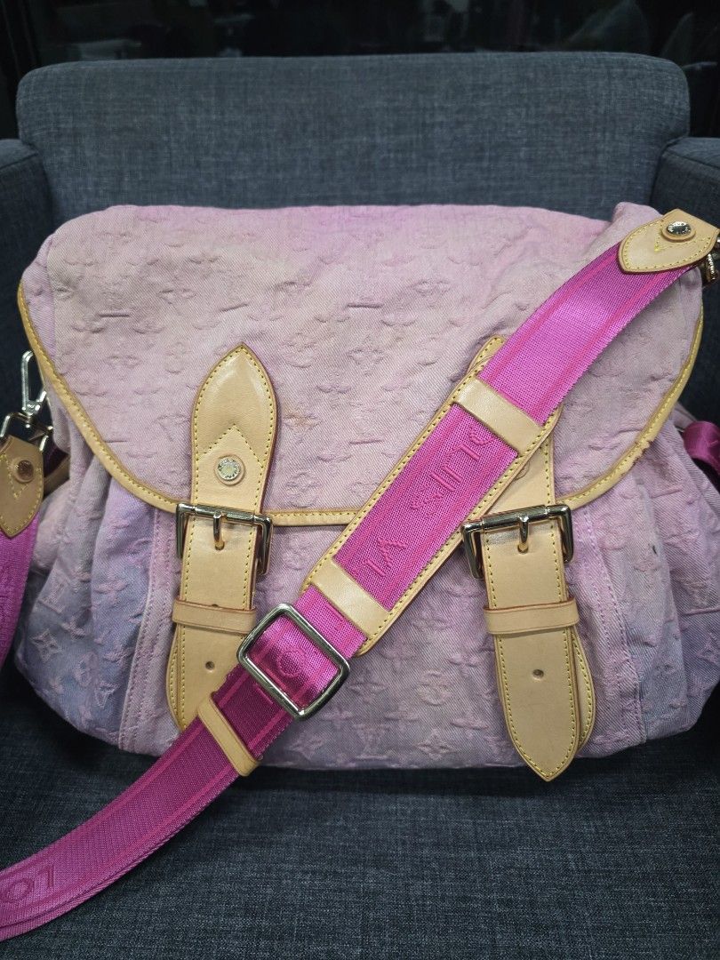 Louis Vuitton Pink Shoulder Bag (Category: Luxury Bags & Wallets) located in General Trias. Submitted by roselle2230 (Listing ID 1437733090, Image 2). Description: - Pink shoulder bag - Monogram pattern - Pink shoulder strap with "LOUIS VUITTON" print - Two leather straps with buckles - Light yellow trim - Flap closure - Made of soft, textured material.