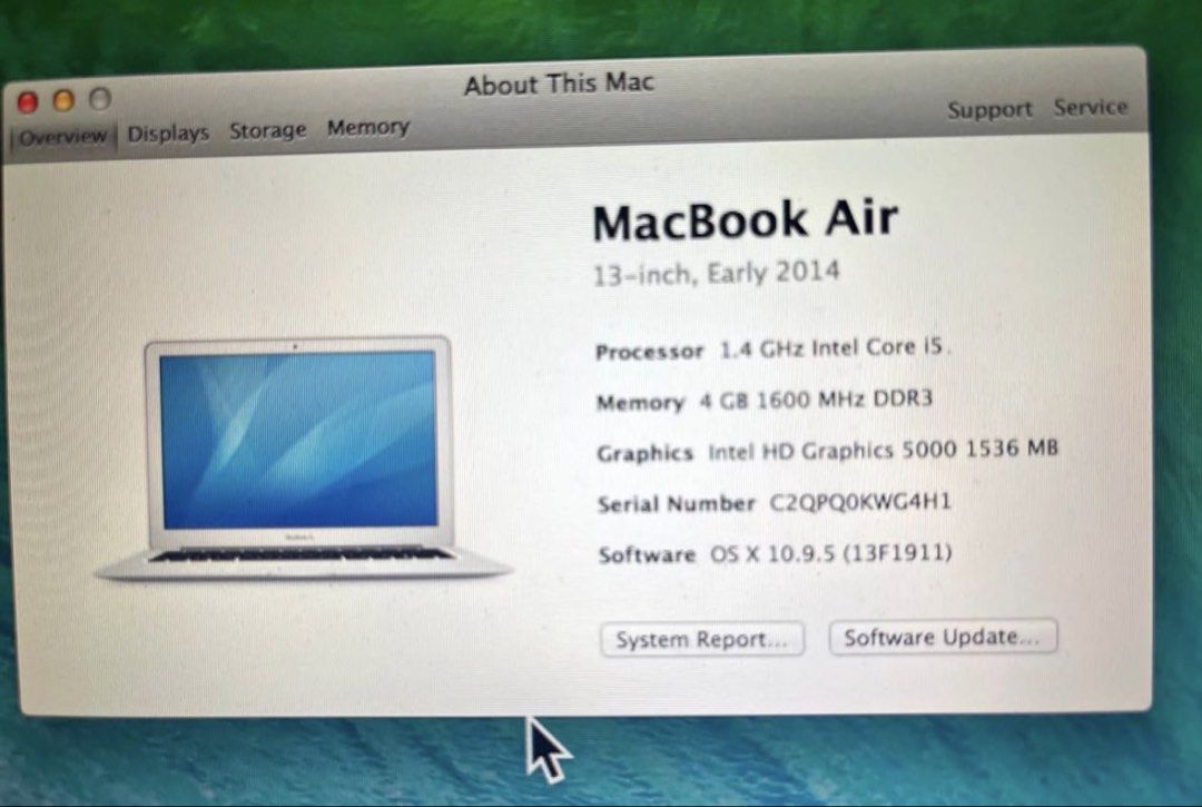 MacBook Air 13-inch (Early 2014) (Category: Laptops & Notebooks) located in Manila. Submitted by apextradinglimited (Listing ID 1437700427, Image 1). Description: - MacBook Air 13-inch (Early 2014) - 1.4 GHz Intel Core i5 processor - 4GB 1600 MHz DDR3 memory - Intel HD Graphics 5000 (1536 MB) - OS X 10.9.5 (13F1911).