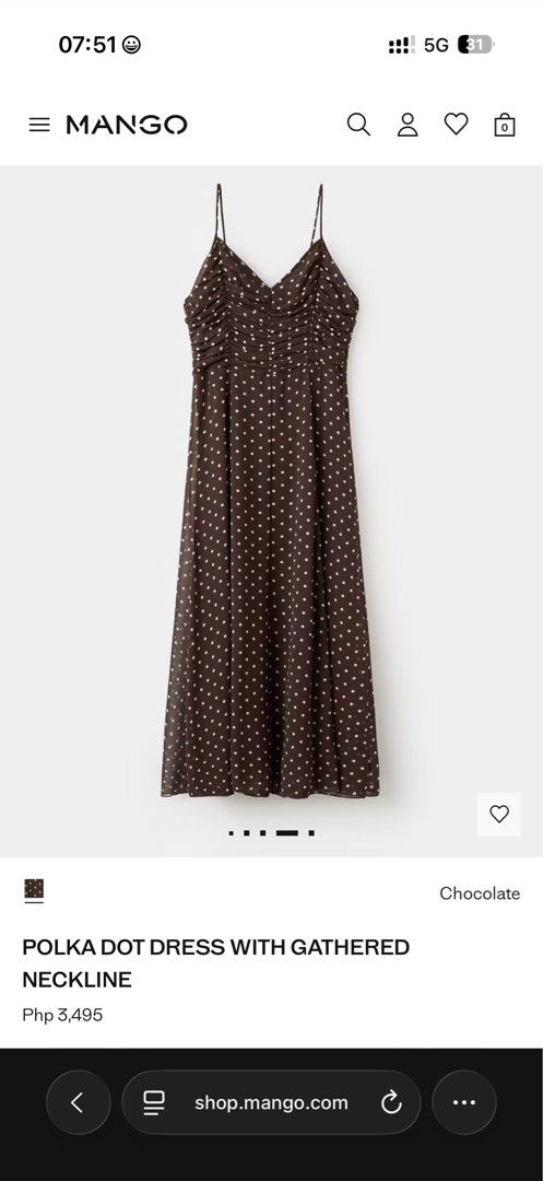 Mango Polka Dot Dress with Gathered Neckline (Category: Dresses) located in Manila. Submitted by hqhoee (Listing ID 1437756633, Image 1). Description: Mango dress features a stylish polka dot pattern and a gathered neckline. It has thin straps and a flowing silhouette. The dress is chocolate-colored. Perfect for a casual day out or a special occasion. The dress is from Mango's collection. only worn it once! price is negotiable for sure buyers. ca